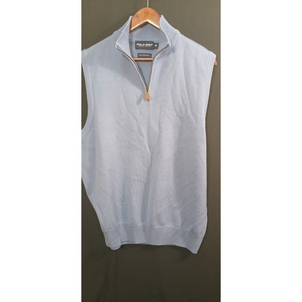 Polo Golf by Ralph Lauren Men's M 100% Merino Wool Zip Neck Sweater Vest Blue!!